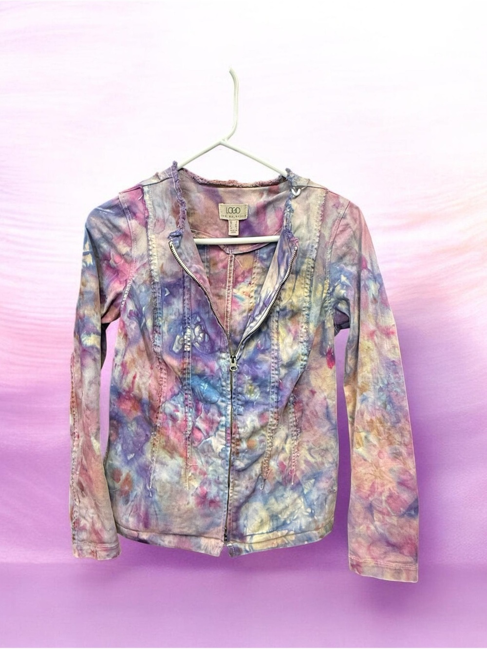 LOGO Designer Hand Dyed Watercolor Effect Denim Jacket in Pastel Rainbow